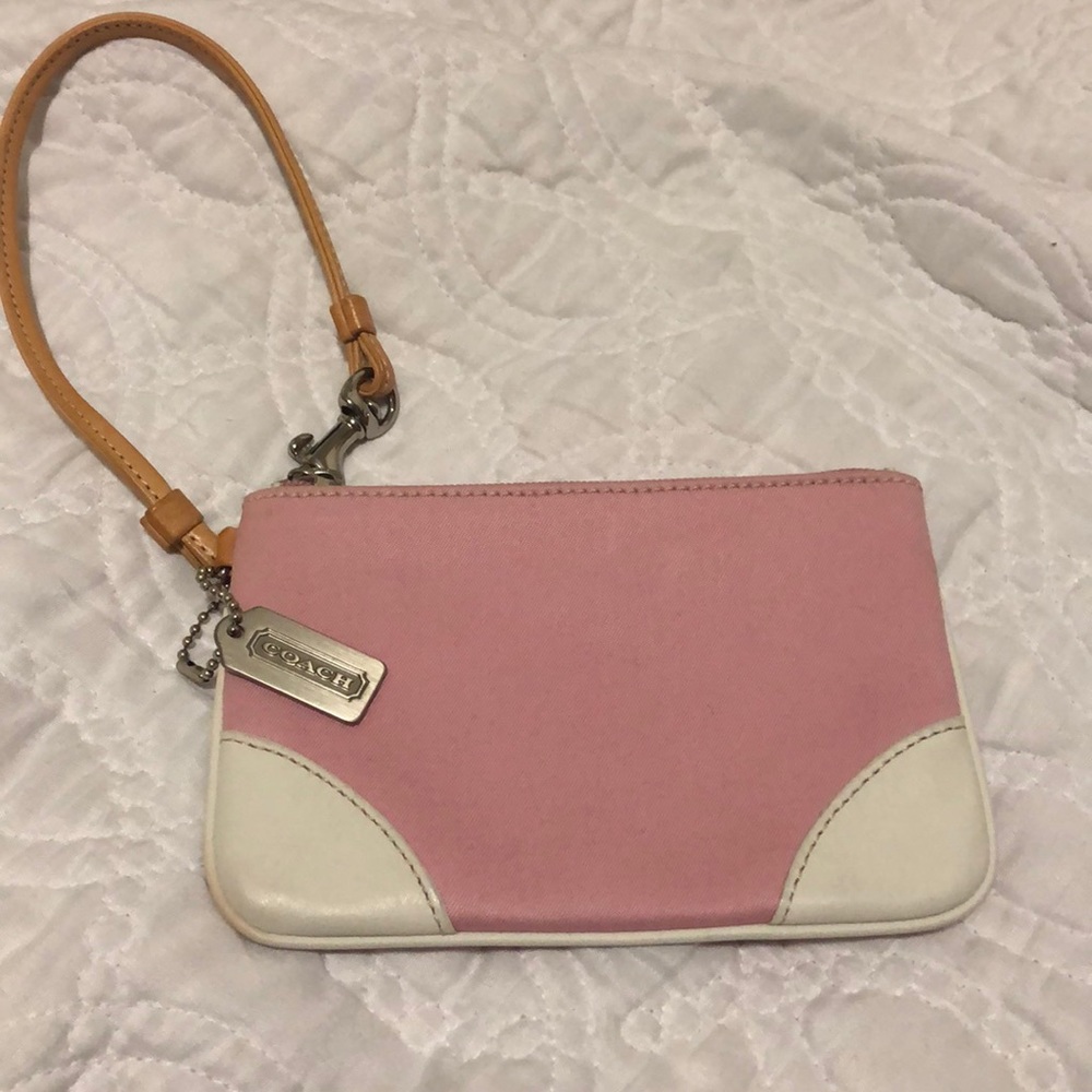 Pink tan and white coach wristlet